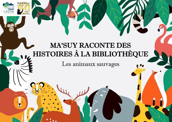 Affiche avec des animaux sauvages pour les lectures de contes de M'Suy